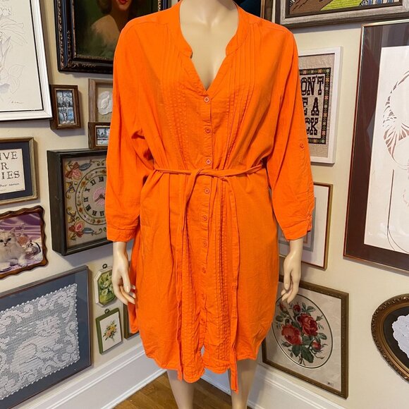 Roamans Plus Size 28W Orange Button-Down Tunic Dress With Belt & Long Sleeves - Picture 1 of 8